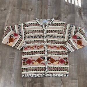 Vintage Northern Isles Hand Knitted Sweater Cardigan Large Chunky Floral